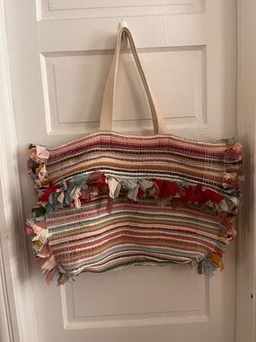 Raj Multicolor Striped Fringe Tote with Cream Handles